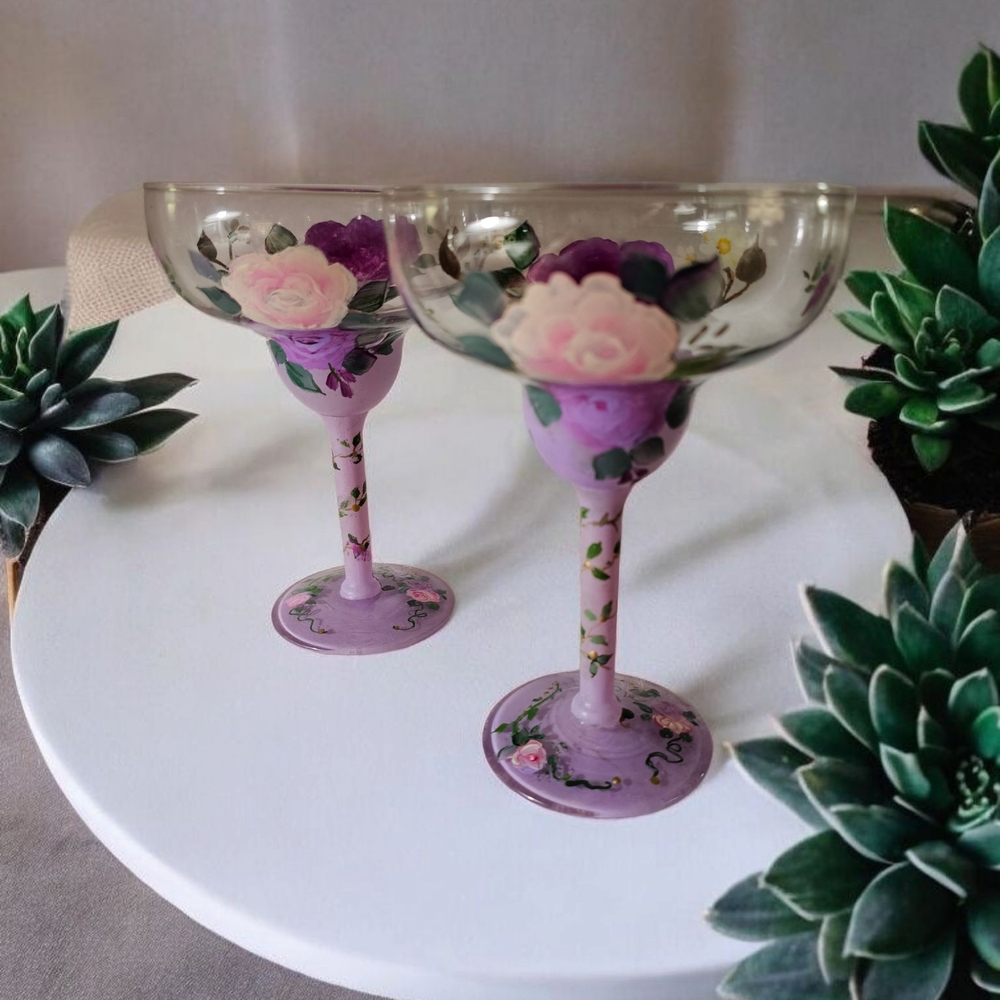 SOLD~ Elegant hand painted Rose Margarita glasses - Rose Floral Glass Goblets,